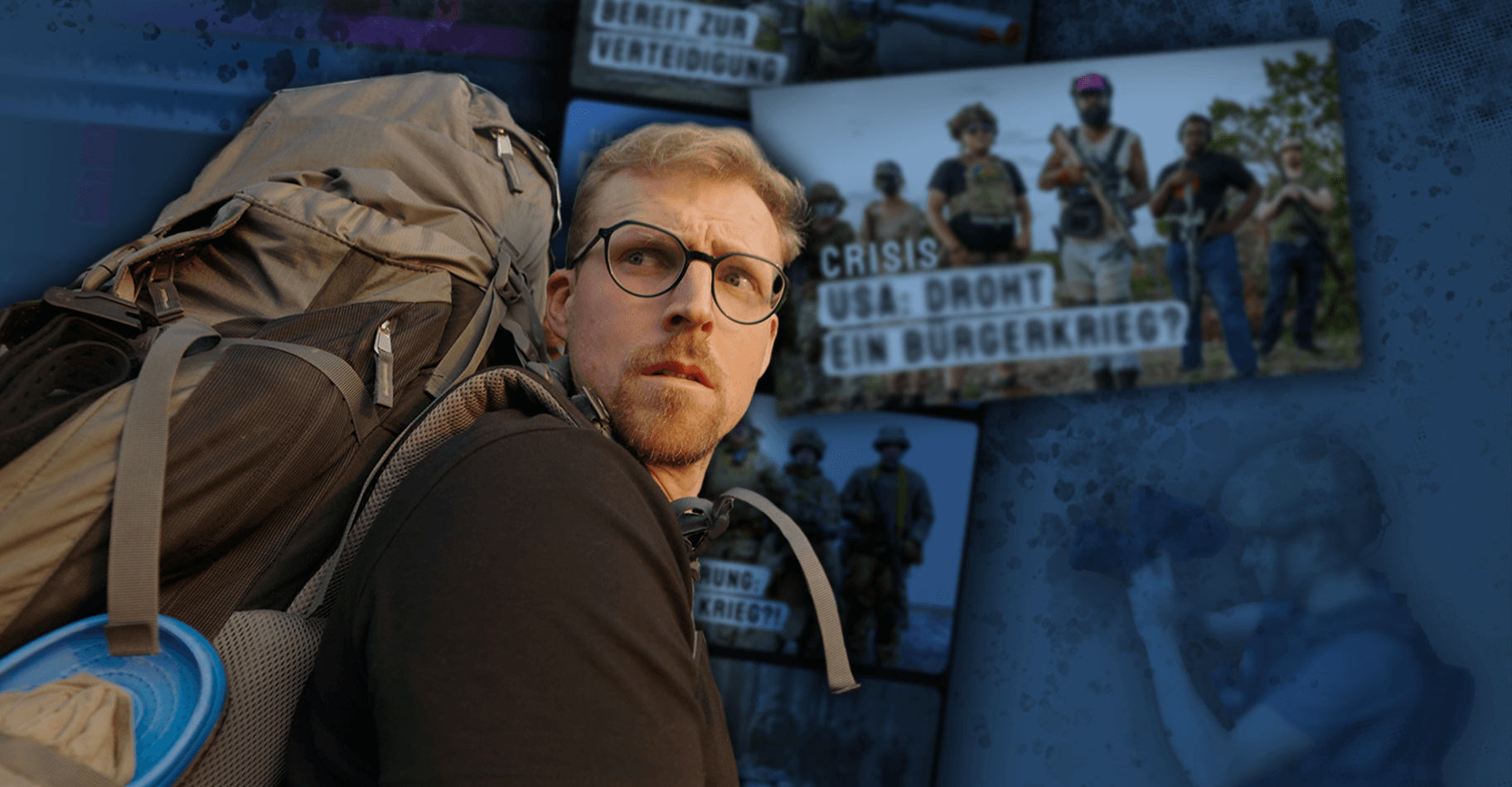 Portfolio Projekt Cover Bild CRISIS - Mann mit Rucksack im Kriegsgebiet